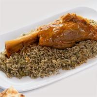 Lamb Shank (Baghali Polo) · Slow cooked full lamb shank with broad bean, dill rice.