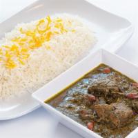 Ghormeh Sabzi (Beef) · (With basmati rice). Beef cubes, fresh chopped herbs, beans, and sun dried lime.
