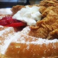 1 Order Basic 1 (Person) · Two waffles, one spicy chicken breast, one side syrup, one side butter, one fruit cup.( all ...