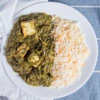 Saag Paneer · Fresh homemade cheese smothered in freshly ground spinach.
