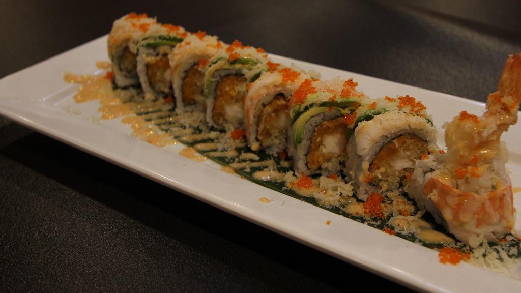 Atlantic Roll · spicy salmon and shrimp tempura inside, topped with shrimp,avocado,tobiko with spicy mayo and crunch