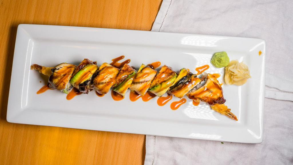 Rock & Roll · Shrimp tempura, spicy tuna, cucumber, eel, avocado, with eel sauce and spicy sauce.