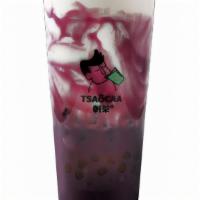 Double Purple Bubble Tea · Cooked purple yam on the wall. Served with bubble and purple rice mix with Ruby black tea
