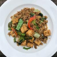 Spicy Fried Rice Tofu · spicy fried rice, bell pepper, chili, basil, garlic sauce