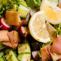 Fattoush Salad · Lettuce, tomatoes, cucumbers, bell pepper, onions, radish, parsley, oil, lemon juice, apple ...