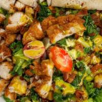 Side Honey Mustard Chicken Salad (Takeout) · kale, romaine, arugula, fried chicken, bacon, fried sweet potatoes, tomatoes, red onion, cro...