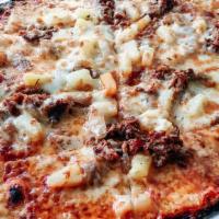Small Hawaiian (Takeout) · house made BBQ base, slow braised bbq pulled pork, pineapple, caramelized onions, house blen...