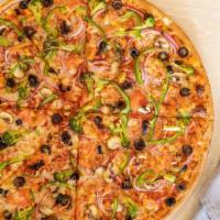 Lg Veggie Pizza · Green peppers, onions, mushrooms, black olives, fresh tomatoes, and broccoli .
