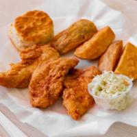 3 Pieces Chicken Tenders · Served with four jojo's, four oz coleslaw, and one roll.