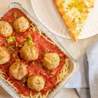 Meatball Parm Pasta · Served with garlic bread.