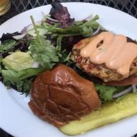 Crab Cake Sandwich · Lump crab cake, lettuce, tomato, red onion, spicy aioli, brioche