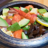 Chirashi Bowl · Diced bluefin tuna, salmon, amberjack, shrimp, ikura, and cucumber over sushi rice.