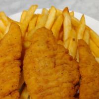 Chicken Finger · Three per serving with Fries and side of Honey Mustard.