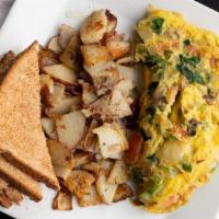 Veggie Omelet · Tomato, onion, mushroom, green pepper and spinach with choice of cheddar, American, Swiss, p...
