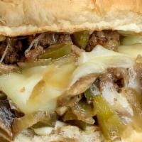 Mushroom Steak & Swiss Sami · Cheesesteak on a BUN!  Ribeye steak, mushrooms, & swiss cheese on a soft sandwich roll with ...