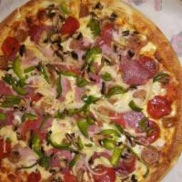 Nicole'S Special Pizza · Pepperoni, ham, salami, sausage, onions, peppers and mushrooms.