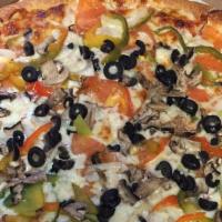 Veggie Pizza  · Tomatoes, onions, green peppers, mushrooms and olives.