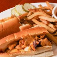 Chicken Cheesesteak Sandwich · Chicken breast, American cheese, fried onions, and cav's sauce. Served with choice of side.