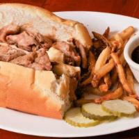 French Dip Sandwich · Roast beef with provolone and horseradish mayo. Served with choice of side.