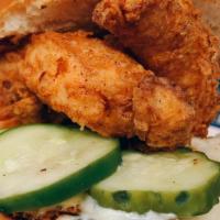 Kbc Chicken Sandwich · Fried Chicken Breast, red pepper aioli, pickles, brioche bun - comes with fries