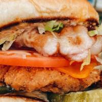 Club Fed · fried chicken breast, bacon, cheddar cheese, shredded lettuce, tomato, pickles, topped with ...