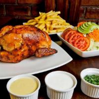 1 Pollo A La Brasa Combo · Whole chicken served with fries, salad  +soda 12 0z..