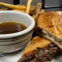 Brisket French Dip · Swiss & provolone, horseradish aioli, crispy fried onion, jus