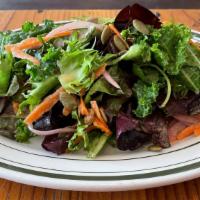 Mixed Greens Salad · Pickled red onion, carrots, toasted pepitas, and citrus vinaigrette