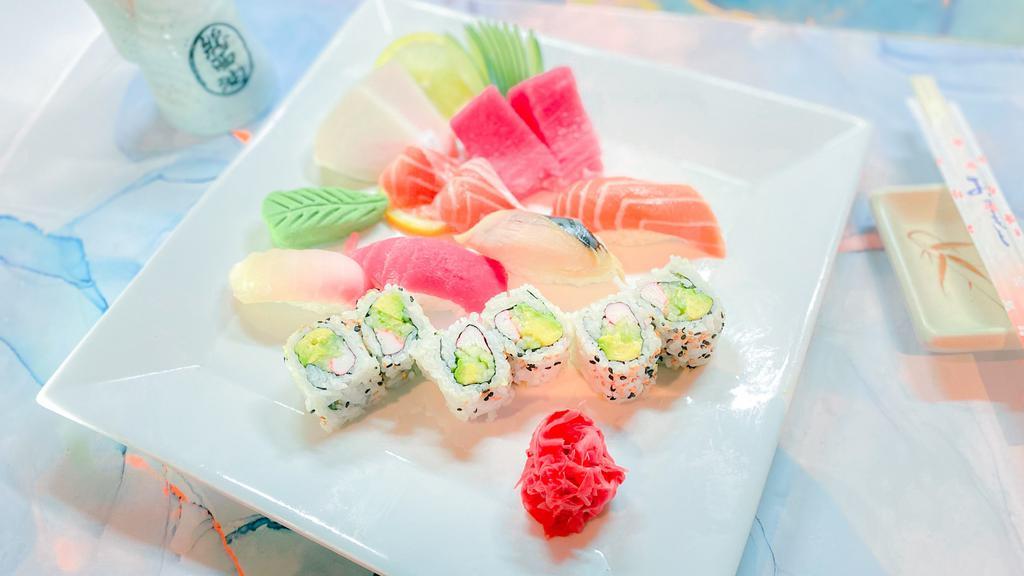 Lunch Sushi & Sashimi Combo  · 4 pcs of Sushi, 6 pcs of sashimi & California roll Chef chose