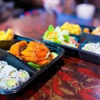 Teriyaki Salmon Bento Box · Served with soup, green salad, Crab Rangoon, a six-piece California roll and boiled rice.