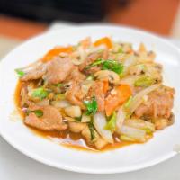 Mongolian Beef · Thinly sliced beef stir fried with mushroom and scallion in sweet savory sauce. Served with ...