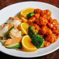 Dragon & Phoenix · General tso's chicken and shrimp with mixed vegetable. Served with boiled rice.
