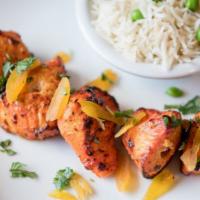Mint Chicken Tikka · Chicken breast cubes marinated with authentic spices cooked in clay oven. (gluten free)