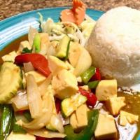 Spicy Tofu · Less spicy. Soft tofu with snow peas, scallions, zucchinis, red-green peppers, and onion in ...