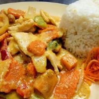 Massaman Curry · Less spicy. Massaman curry and coconut milk with carrots, onion, red-green peppers, potatoes...