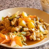 Chicken Cashew Nuts · Less spicy. Sautéed sliced chicken with mushrooms, onions, red-green peppers, pineapple chun...