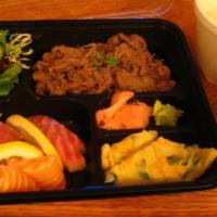 Beef Bulgogi · All served with miso soup, salad, rice, shumai, gyoza, vegetable tempura, and three pieces o...