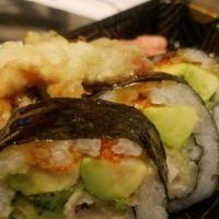 Crazy Maki · Shrimp tempura, tobiko, avocado, cucumber, eel sauce and spicy mayonnaise. Raw.