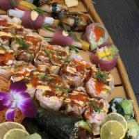 Sushi Boat 1 · 22 Pieces nigiri, six pieces California roll, six pieces spicy tuna roll. Served with miso s...