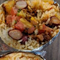 Beantown Burrito · Seasoned black beans, yellow rice, Mexican chipotle crumbles, pico De gallo, cheese.