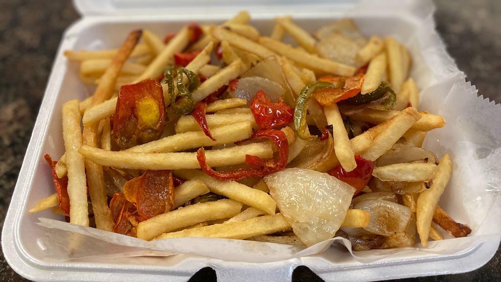 Spanish Fries With Cheese · Fries cooked with hot cherry peppers and onions.