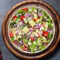 Greek Out Salad  · Romaine lettuce, cucumbers, tomatoes, red onions, olives, and feta cheese tossed with your c...