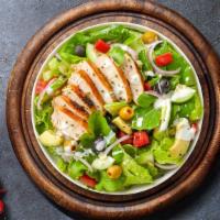 Grilled Chicks Greek Salad · Grilled chicken, romaine lettuce, cucumbers, tomatoes, red onions, olives, and feta cheese t...
