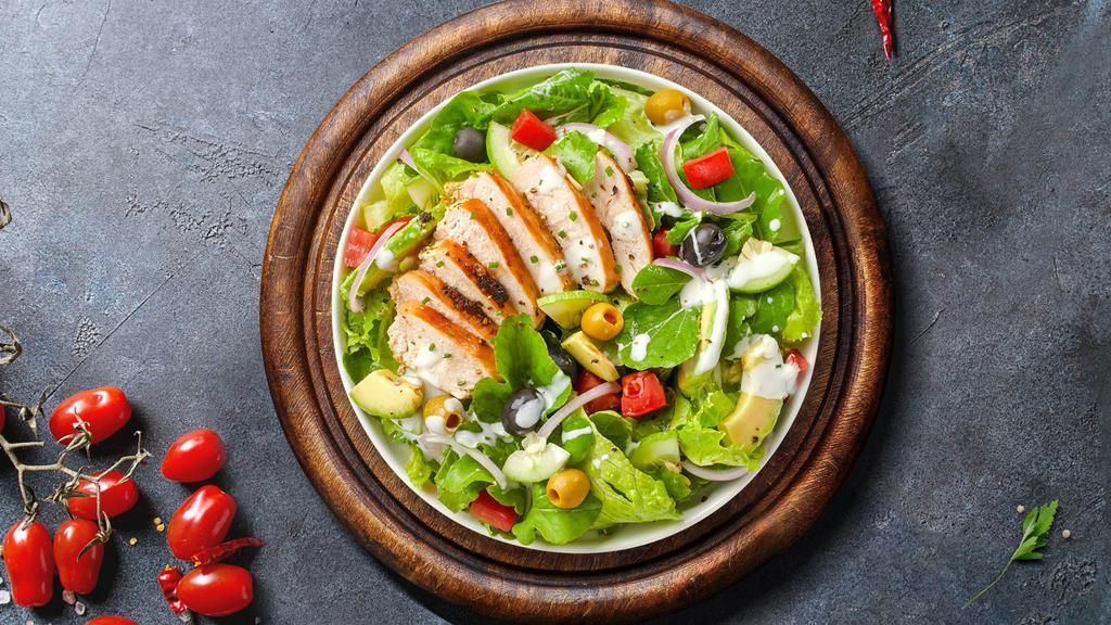 Grilled Chicks Greek Salad · Grilled chicken, romaine lettuce, cucumbers, tomatoes, red onions, olives, and feta cheese tossed with your choice of dressing.