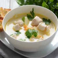 Chicken Soup · Perfectly prepared chicken broth soup, delicately flavored with herbs and Indian spices.