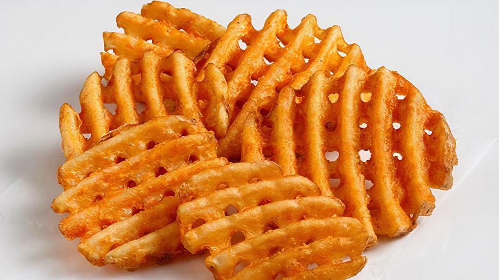 Seasoned Waffle Fries · (6) oz. Lightly breaded, thick-cut fries, seasoned with our house secret spice mix and deep-fried to perfection.