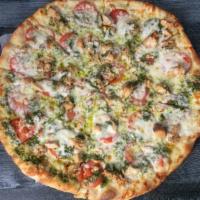 Chicken Pesto Pizza · White pizza with pesto, chicken, sliced fresh plum tomatoes and mozzarella cheese.