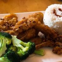 Fried Pork Chop Hibachi · Served with hibachi mixed vegetables (carrot and broccoli) and your choice of rice.