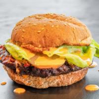 Loaded Burger · Your choice of a vegan beyond beef patty, or crusted chick'n patty served on a classic burge...