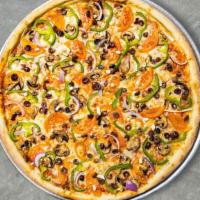 Veggie Pizza · Bell peppers, mushrooms, olives, tomato, onion, and broccoli baked in an oven
